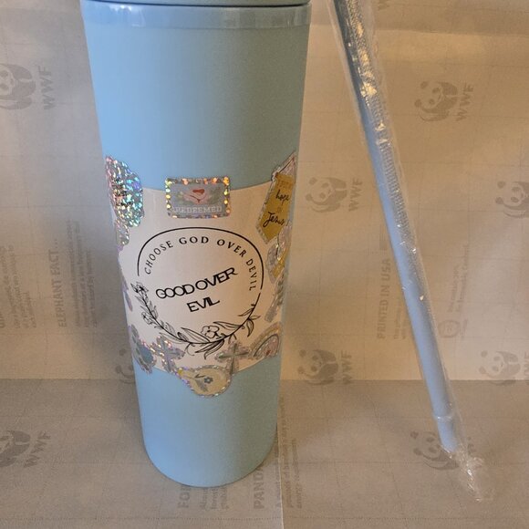 Skinny Tumbler Choose God Over Devil – Blue 20oz Mug with Straw – Christian - Picture 2 of 6